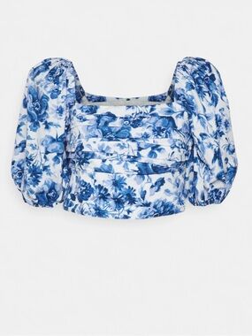 A&F Blue Floral Puff-Sleeve Crop Top - Small